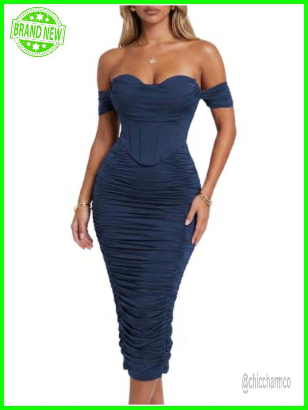 Off Shoulder Faux-Corset Ruched Midi Dress Built-In Bra Bodycon